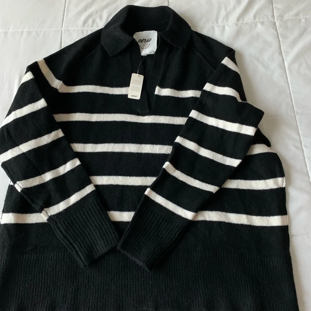 Aerie Unreal Polo Sweater Oversized Size XXS Black & White New With Tags - Picture 6 of 10